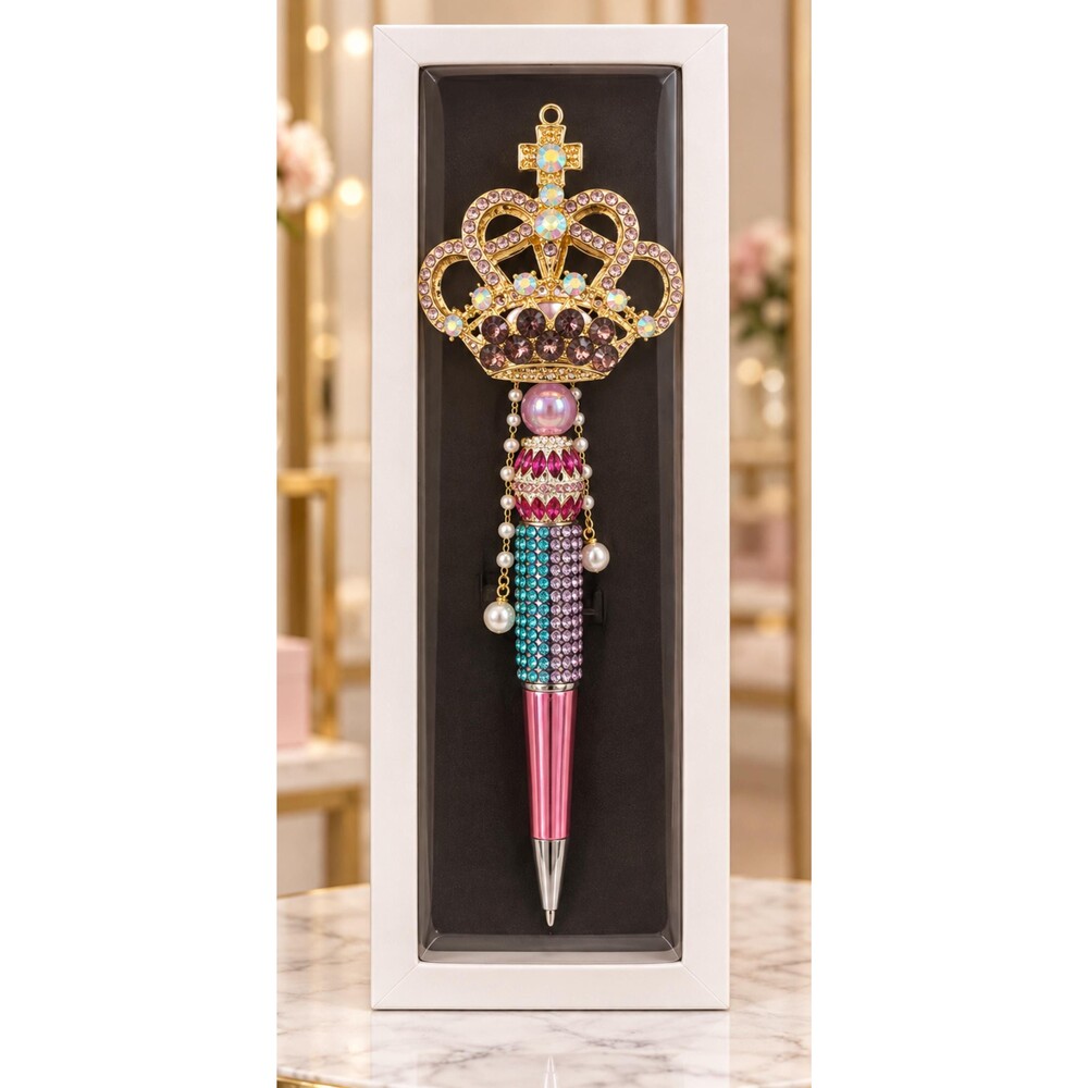 Handmade Jeweled Crown Pen, Rhinestone Writing Pen, Pink Multicolor
